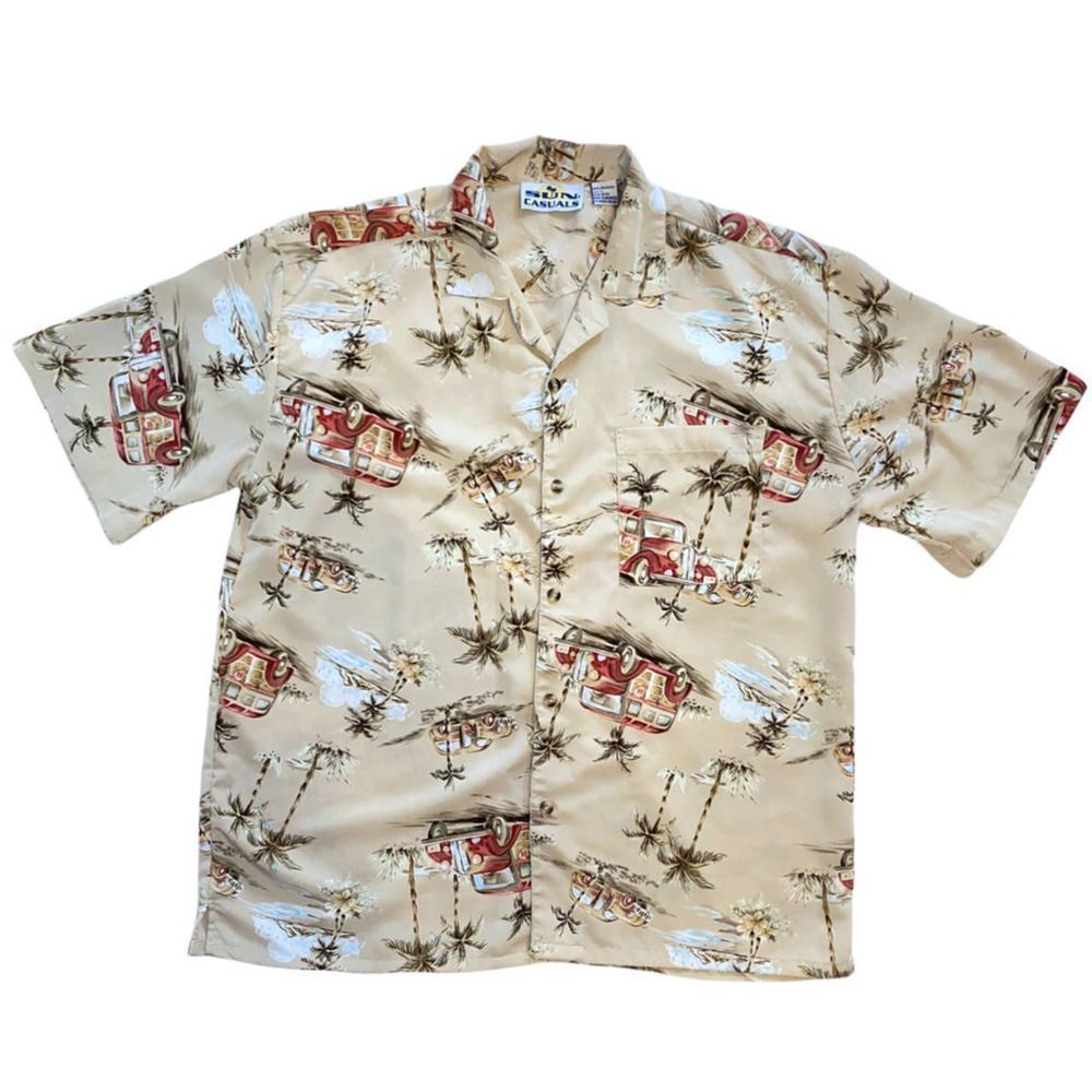 Sun Casuals Island Hawaiian Tropical Satin Button Down Men's Size Large